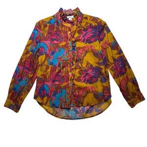 Sundance Multicolored Floral Button Up Ruffle Cotton Blouse SZ Petite M